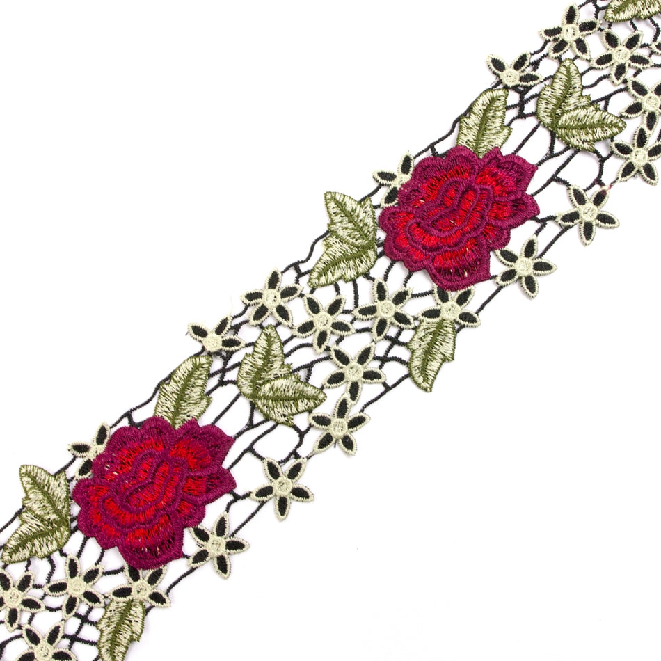 Red Roses & Leaves Embroidered Trim