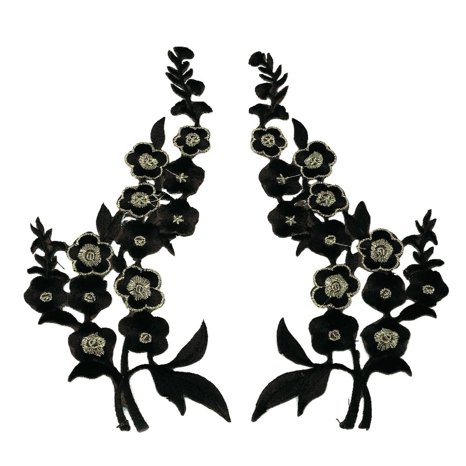 Wild Rose Flower Spray Iron-On Embroidered Motif (Pair)