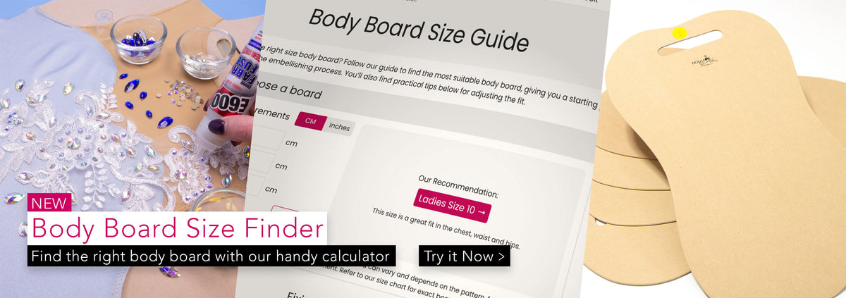 Body board size guide with calculator and boards on a white background