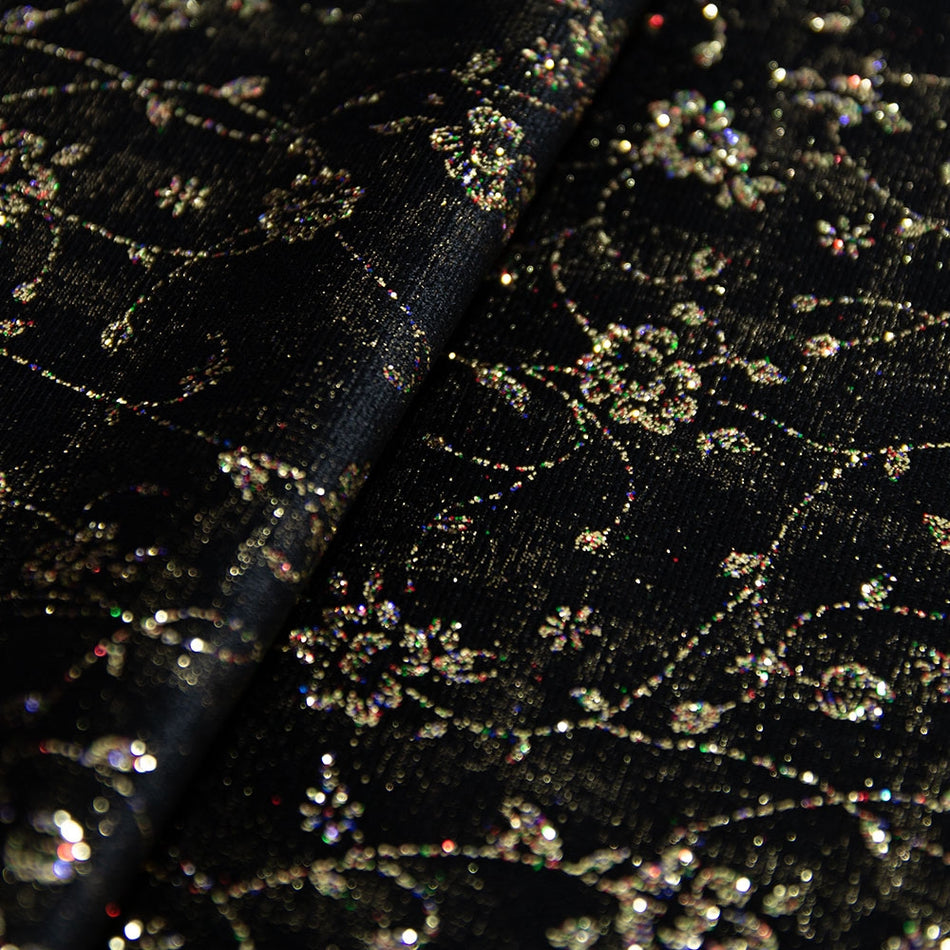 Gold Floral Print w Rainbow Glitter Stretch Velvet Fabric