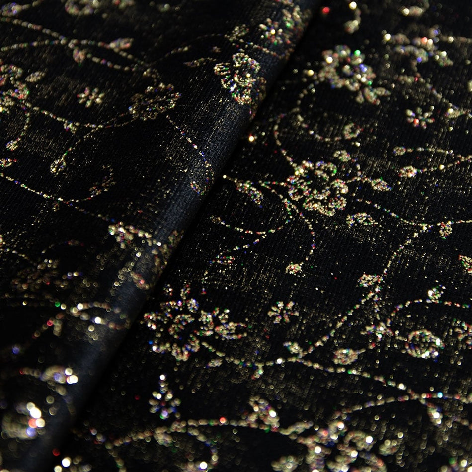 Gold Floral Print w Rainbow Glitter Stretch Velvet Fabric