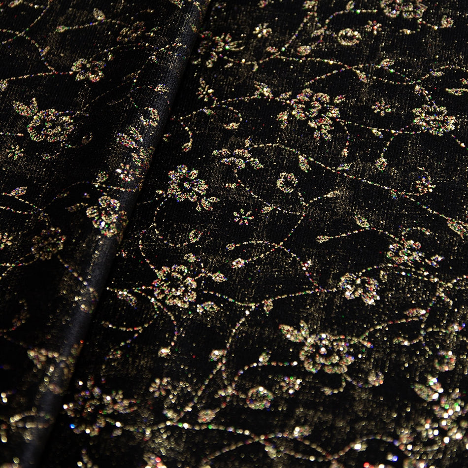 Gold Floral Print w Rainbow Glitter Stretch Velvet Fabric