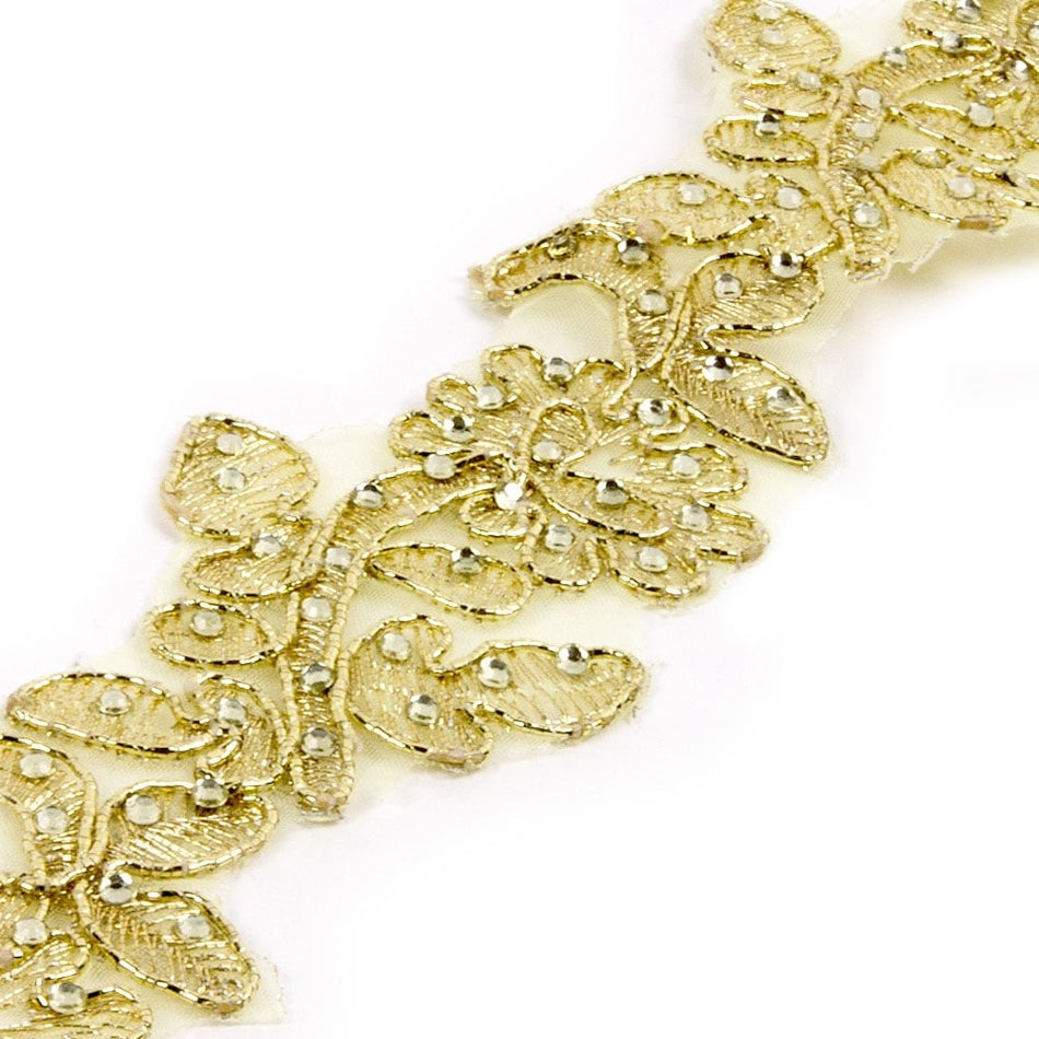 Floral Vine Embroidered Trim w Crystals