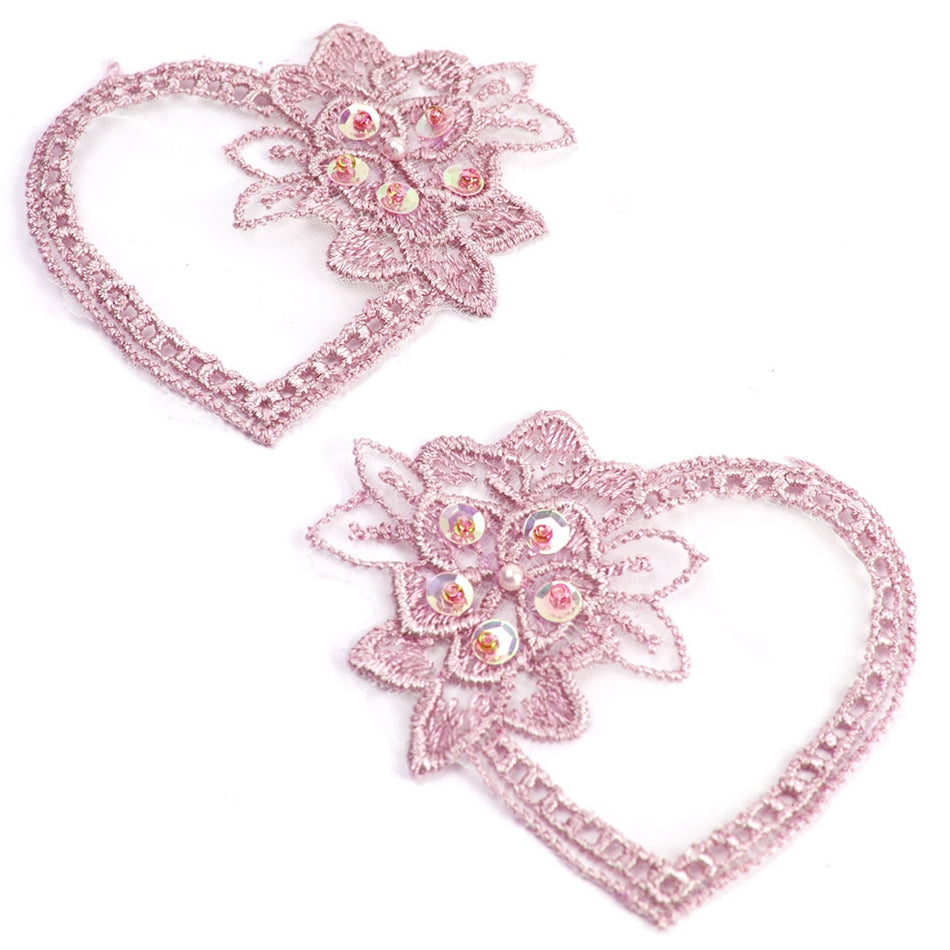 Floral Heart Embroided Applique Motif (Pair)