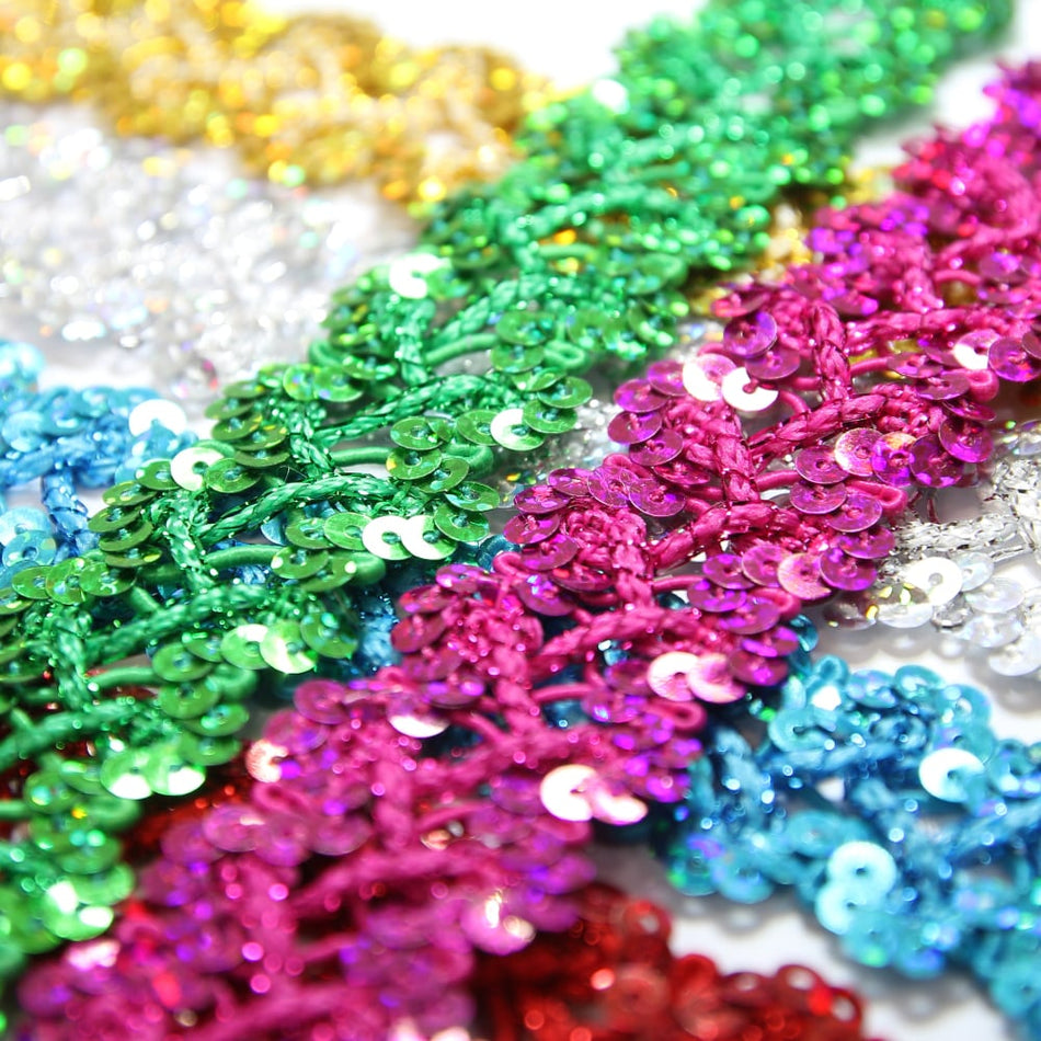 Criss-Cross Sequin Stretch Trim w Tinsel Braid