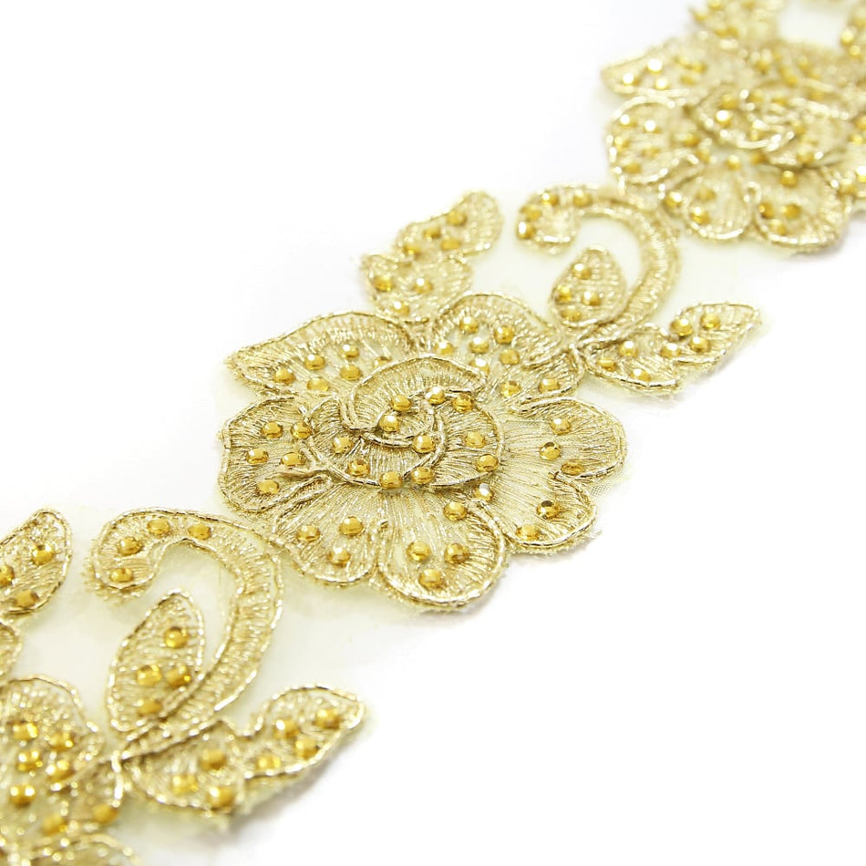 Rose Bloom Embroidered Trim w Crystals