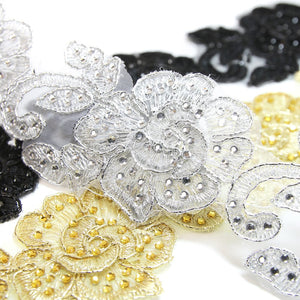 Rose Bloom Embroidered Trim w Crystals