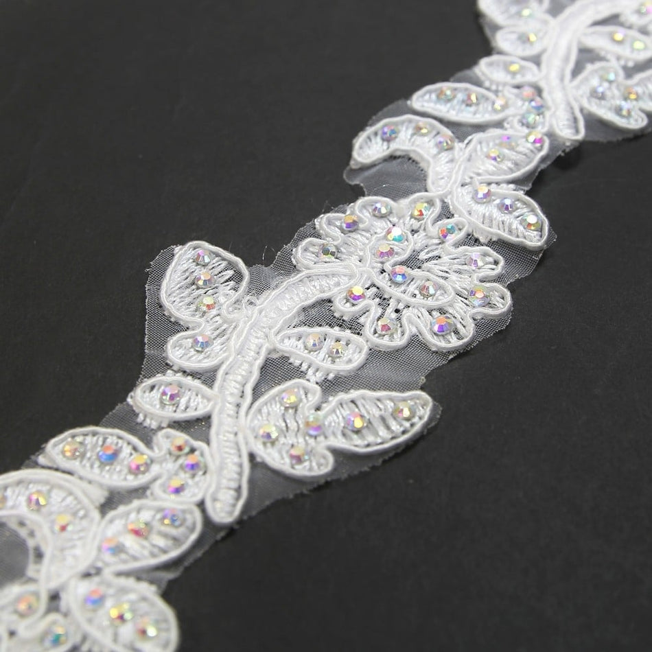 Floral Vine Embroidered Trim w Crystals