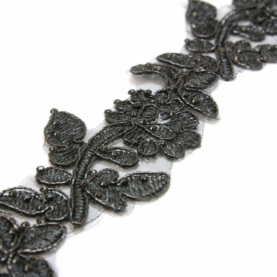 Floral Vine Embroidered Trim w Crystals