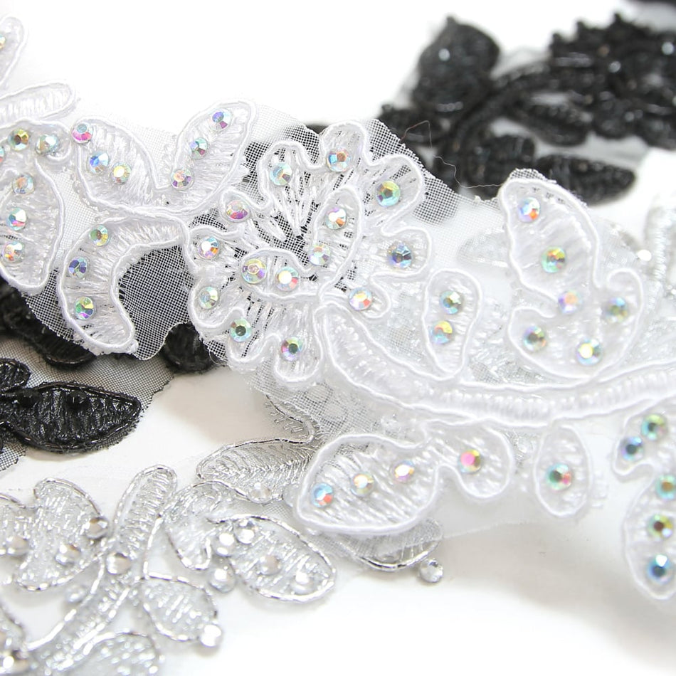 Floral Vine Embroidered Trim w Crystals