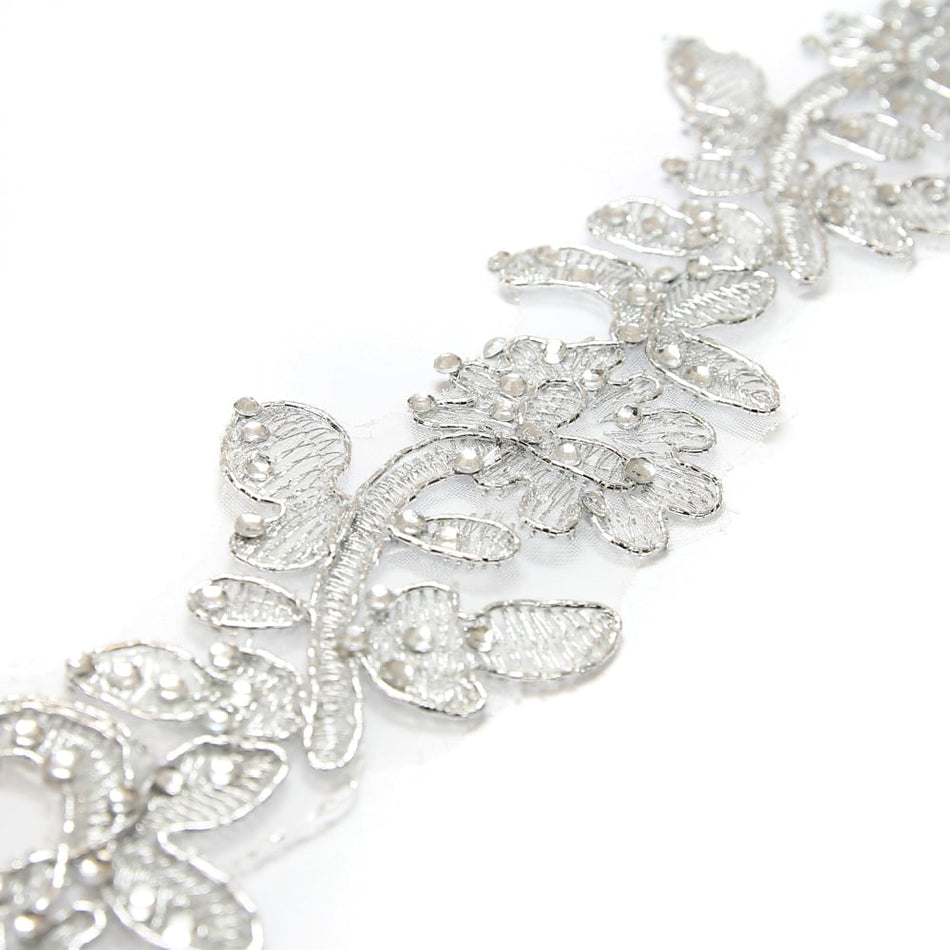 Floral Vine Embroidered Trim w Crystals