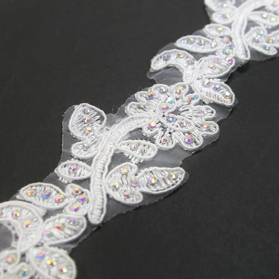Floral Vine Embroidered Trim w Crystals