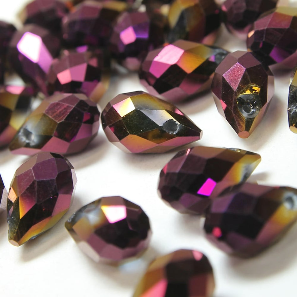 Glass Teardrop Briolette Faceted Pendant Beads - 8x13mm - Metallic (12 Pack)