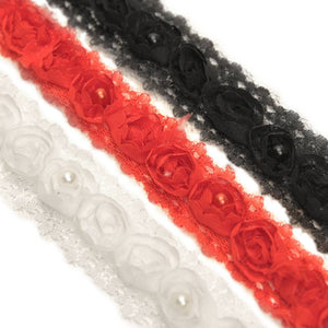Lace Trim w 3D Fabric Roses & Pearls