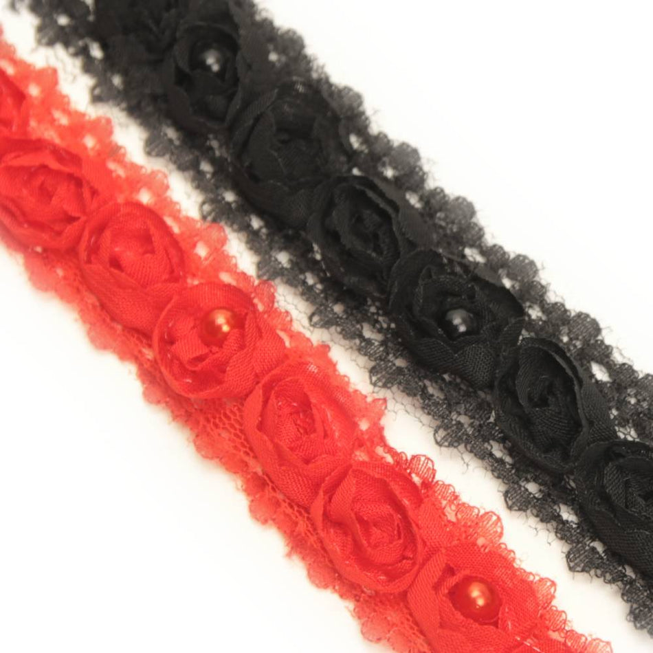 Lace Trim w 3D Fabric Roses & Pearls