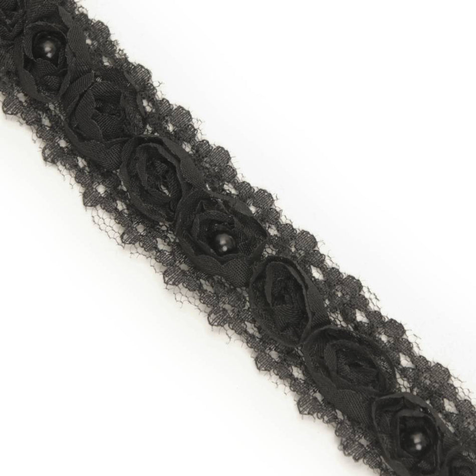 Lace Trim w 3D Fabric Roses & Pearls