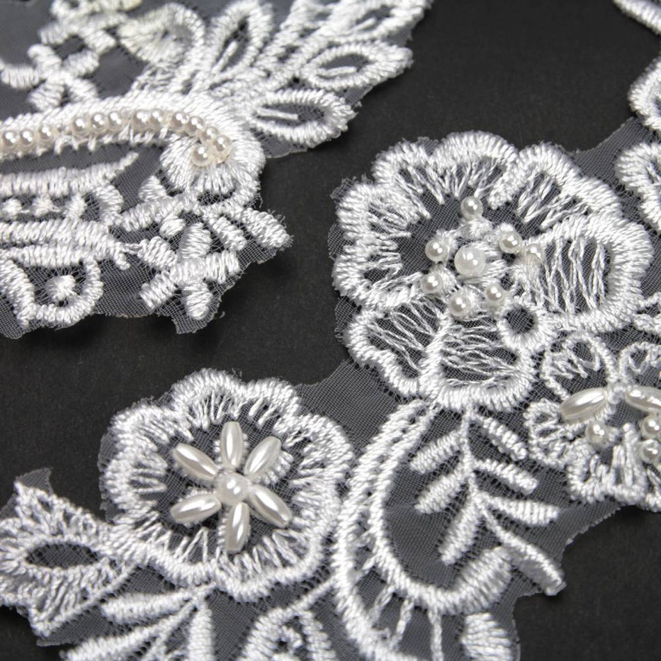 Floral Swirl Lace Motif w Sequin & Pearl Beading (Pair)