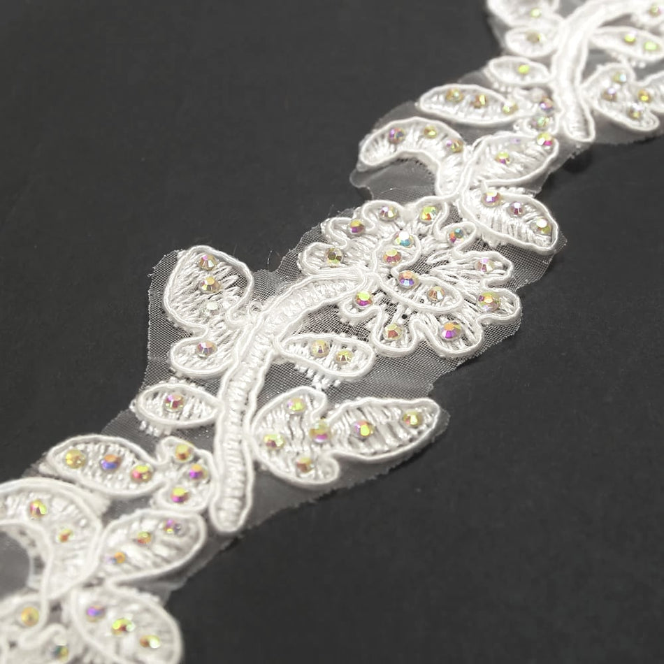 Floral Vine Embroidered Trim w Crystals
