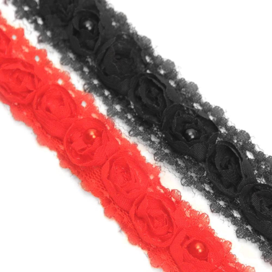 Lace Trim w 3D Fabric Roses & Pearls