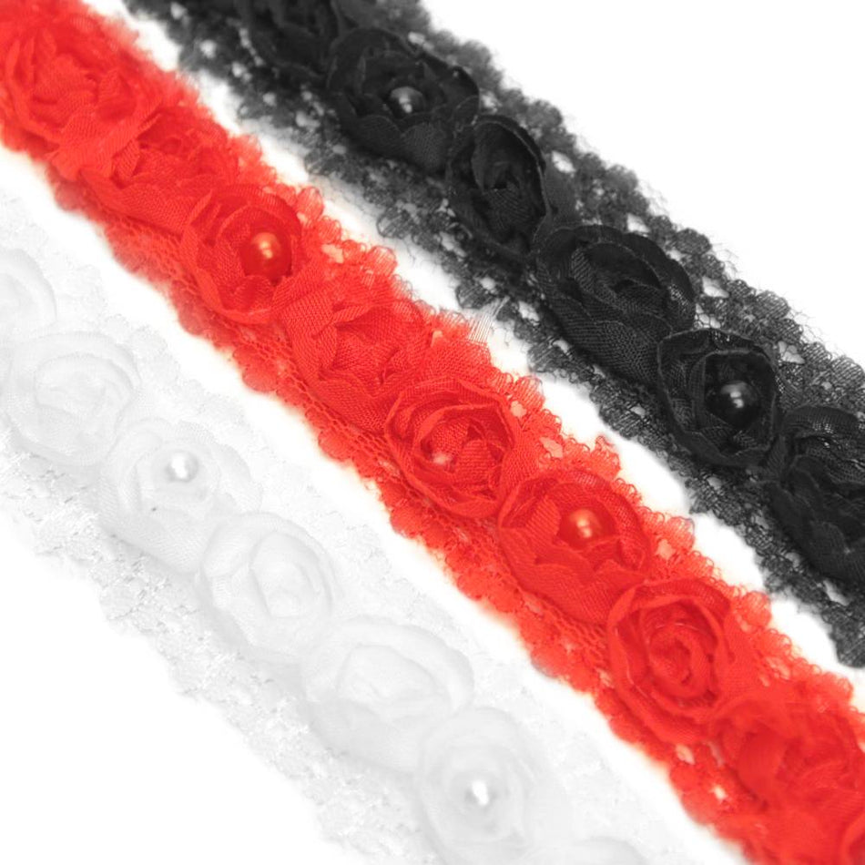 Lace Trim w 3D Fabric Roses & Pearls