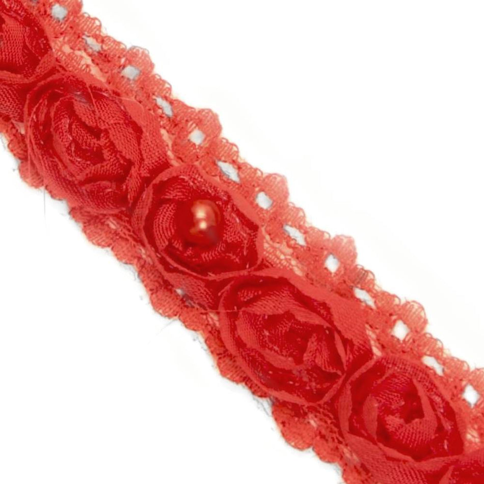 Lace Trim w 3D Fabric Roses & Pearls