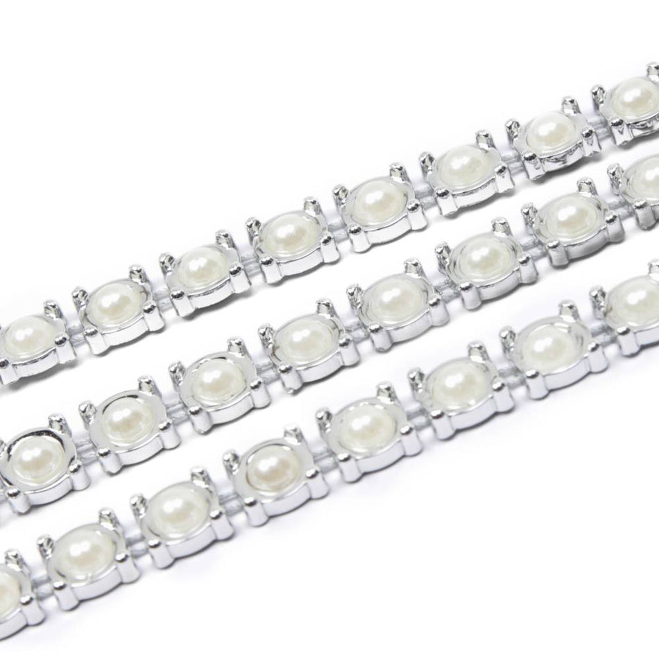 Silver Chain Trim w Round Pearls