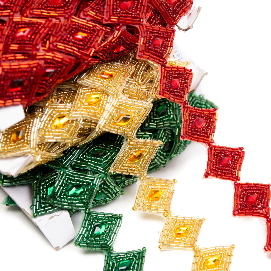 Diamond Bugle & Seed Bead Trim w Rhinestone Centre
