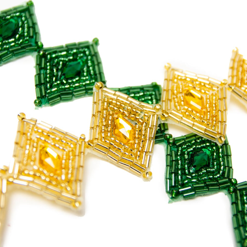 Diamond Bugle & Seed Bead Trim w Rhinestone Centre