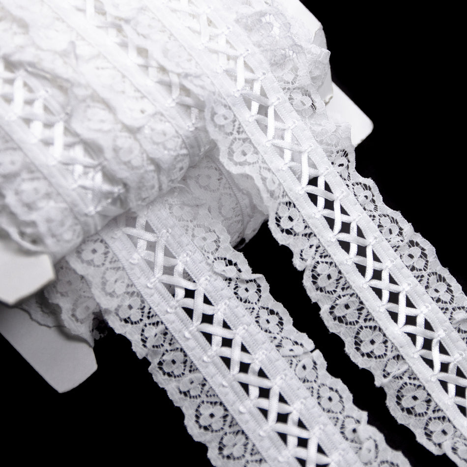 Gathered Lace Trim w Lattice Ribbon Centre