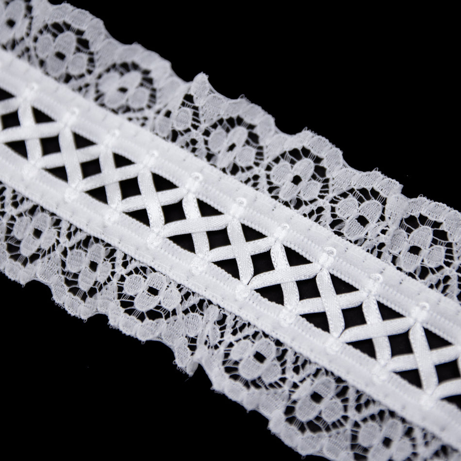 Gathered Lace Trim w Lattice Ribbon Centre
