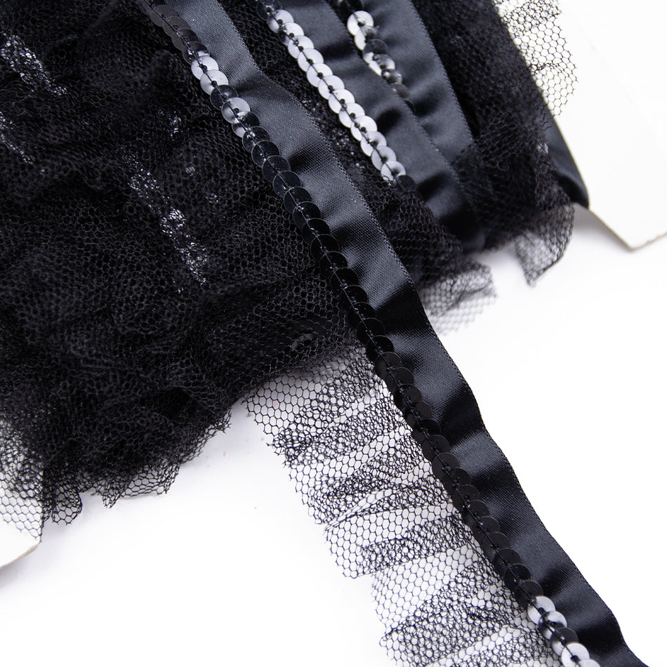 Pleated Tulle Ruffle Ribbon Trim w Sequins