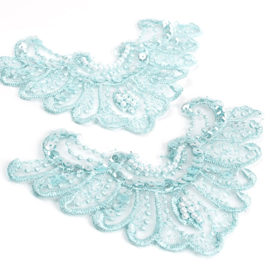 Motif Embroidered with Pearl Beading & AB Sequins Small Collar Applique (Pair)